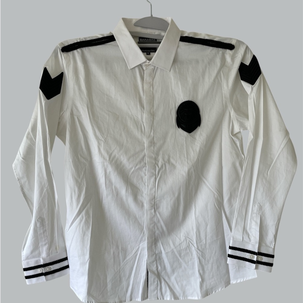 BARABAS Men's White Shirt with Black Embroidered Details Sz: XL